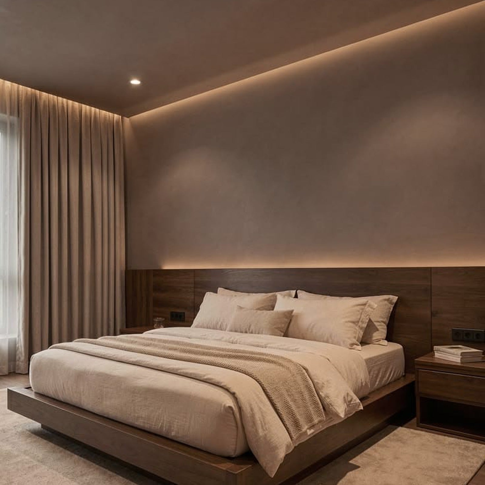 Luxury dark bedroom interior with full-frame New York City skyline view through floor-to-ceiling windows