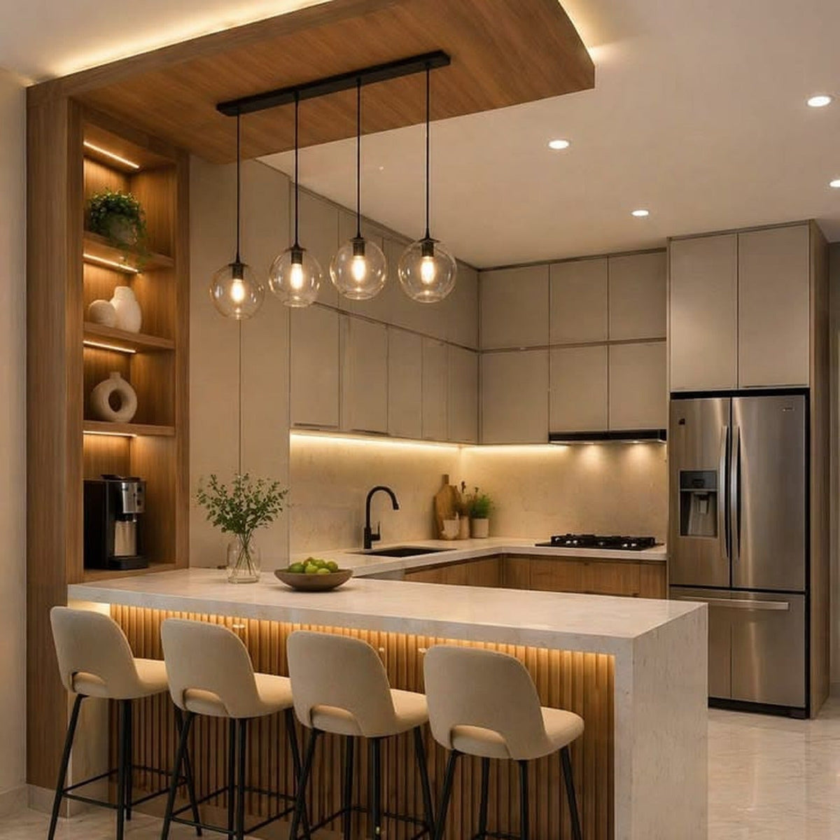 Kitchen Gadgets - luxury dark modern kitchen with New York City skyline view at night