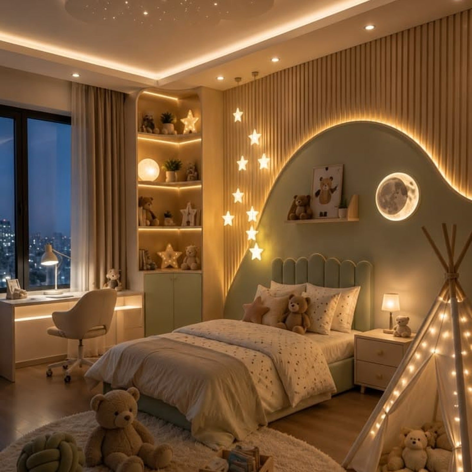Kids' Room Storage - elegant dark modern kids room with New York City skyline view at night