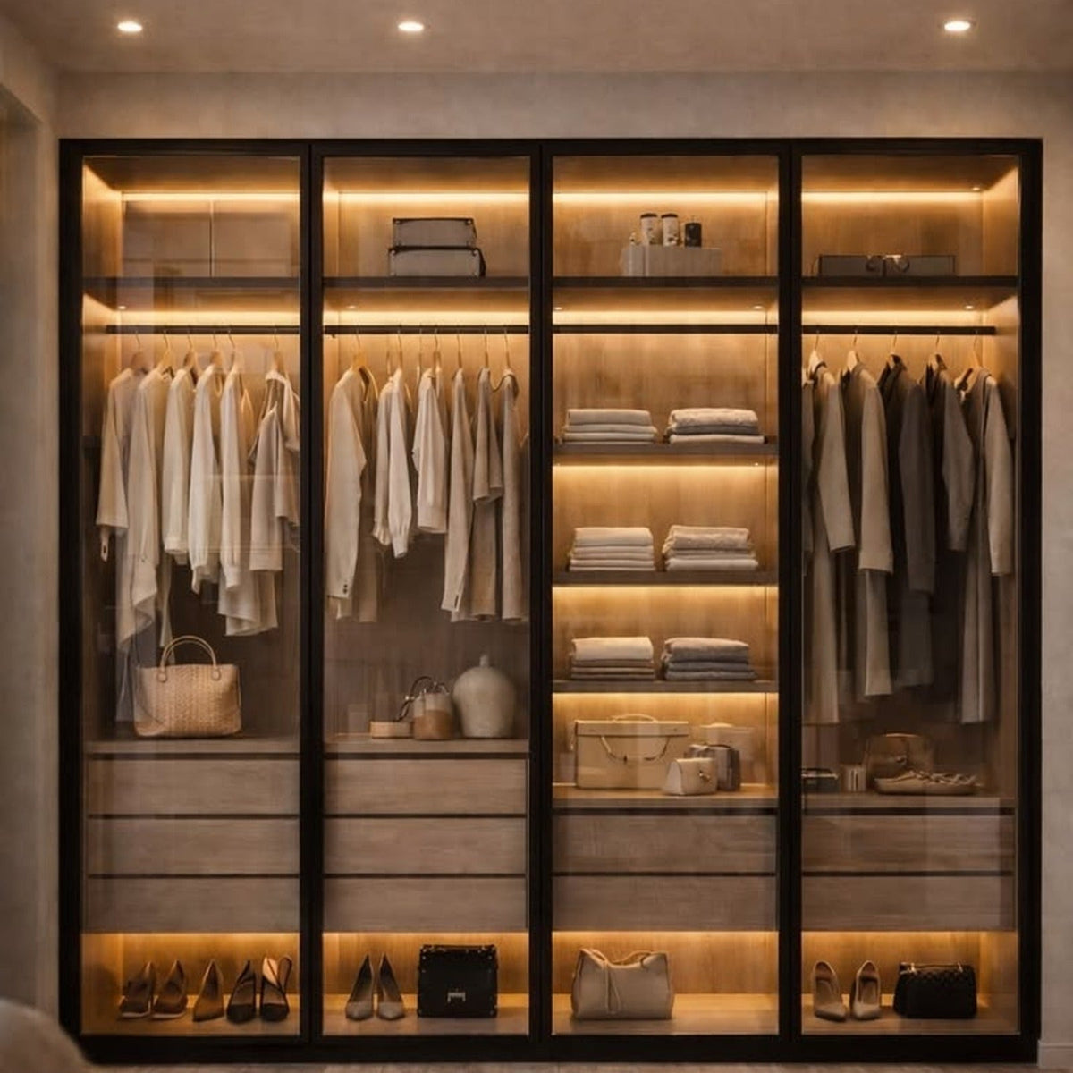 Closet & Wardrobe Organizers - luxury dark modern walk-in closet with New York City skyline view at night