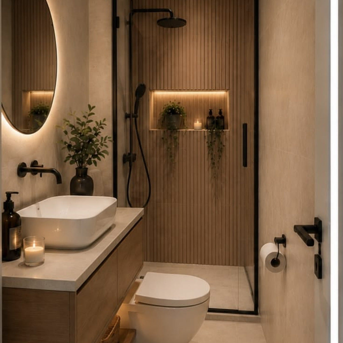 Bathroom Organizers - luxury dark modern bathroom with New York City skyline view at night