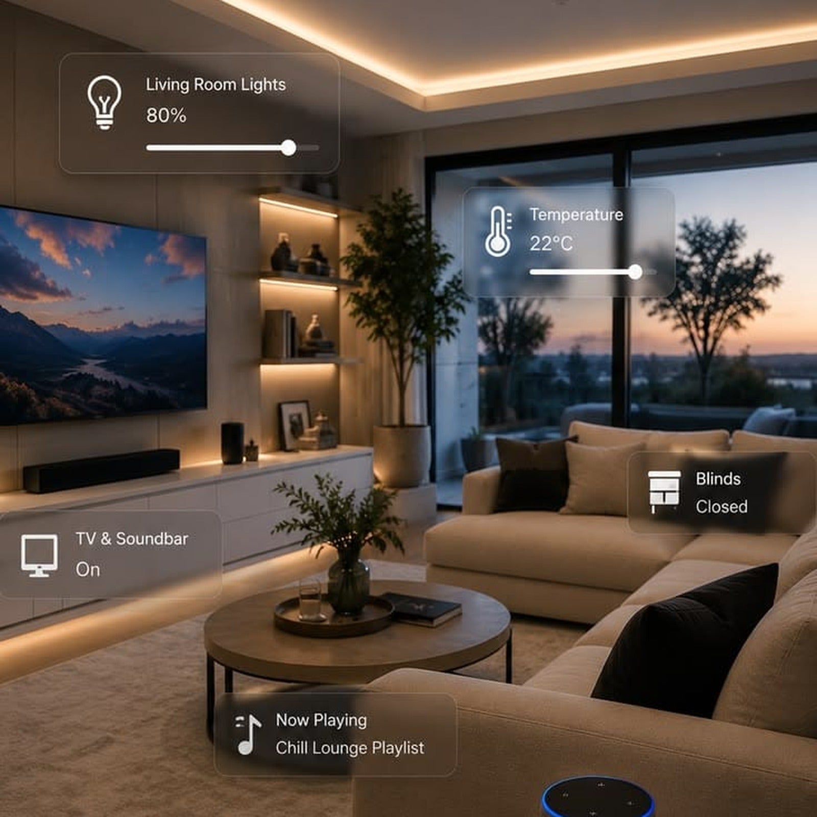 Smart Home Gadgets - luxury dark modern living space with glowing smart device and New York City skyline view at night