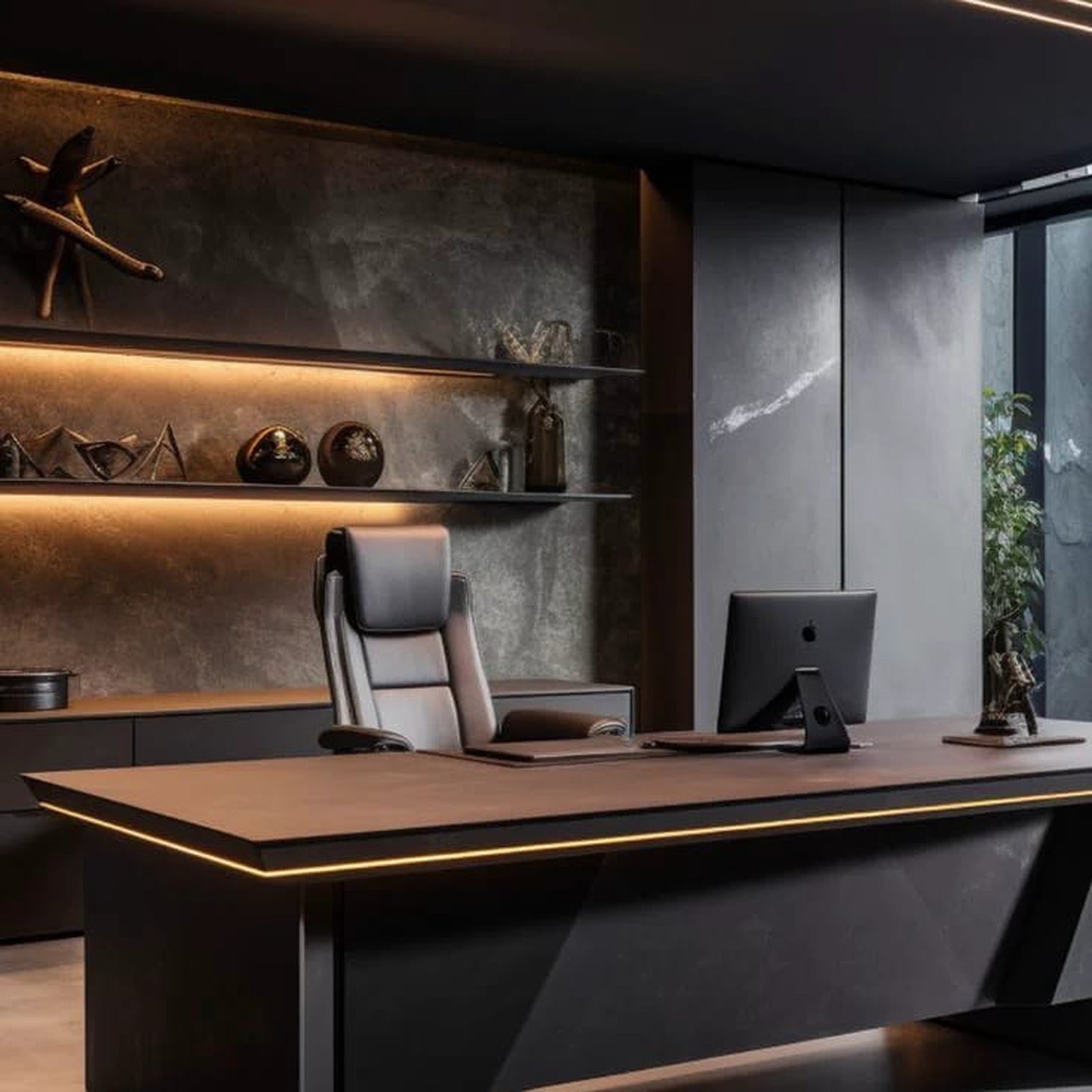 Office & Desk Gadgets - luxury dark modern home office with New York City skyline view at night