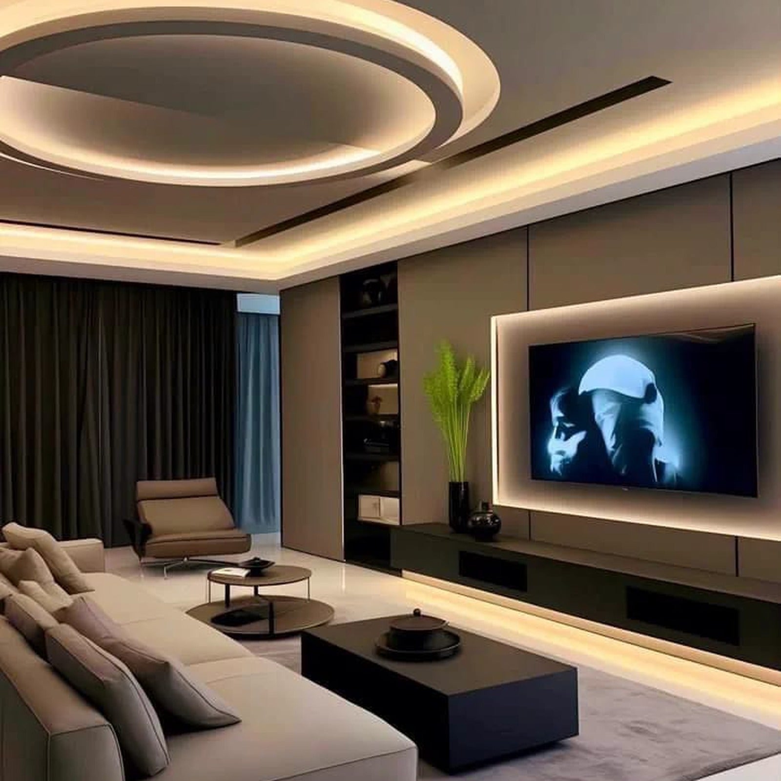 Luxury dark living room interior with full-frame New York City skyline view at night