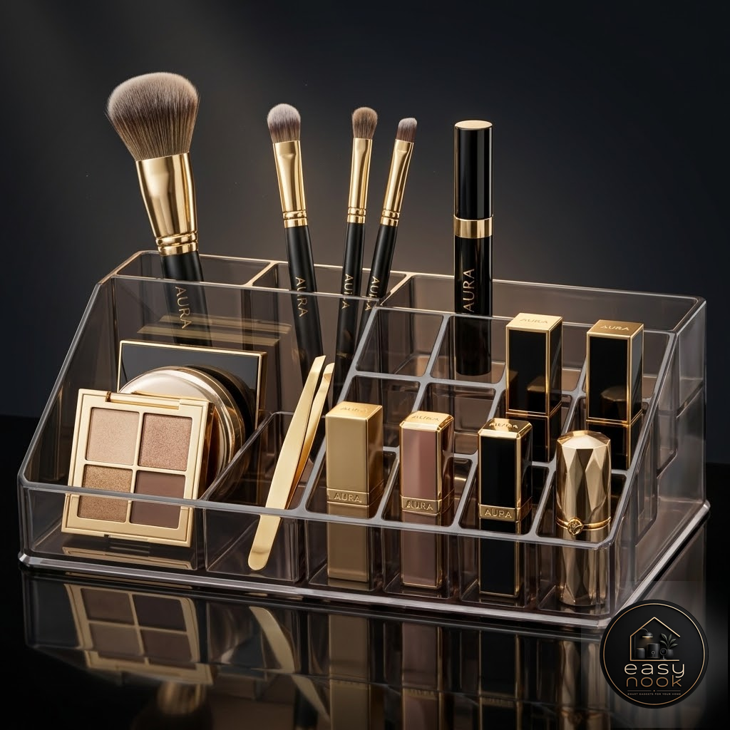 Clear acrylic makeup organizer with multiple drawer layers