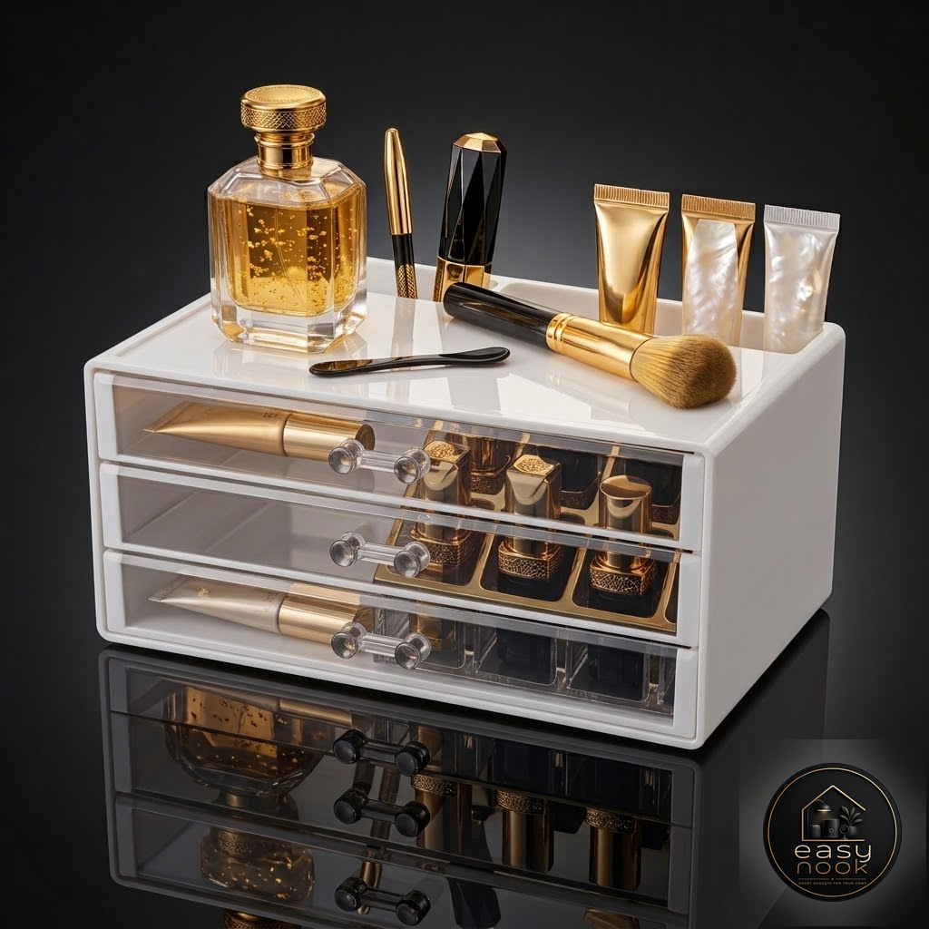 Acrylic makeup organizer filled with brushes and cosmetics