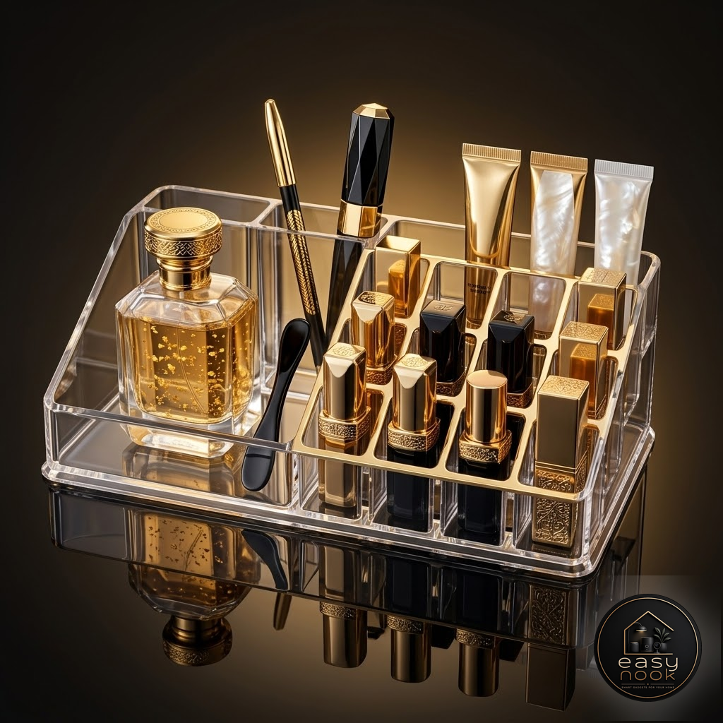 Acrylic makeup storage set on a bathroom vanity counter