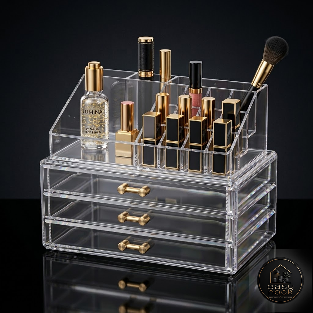 Close-up of acrylic organizer drawers holding jewelry and nail polish