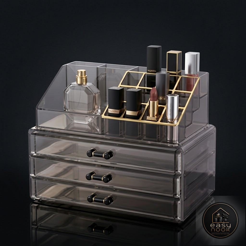 Full acrylic makeup organizer set with all storage pieces together