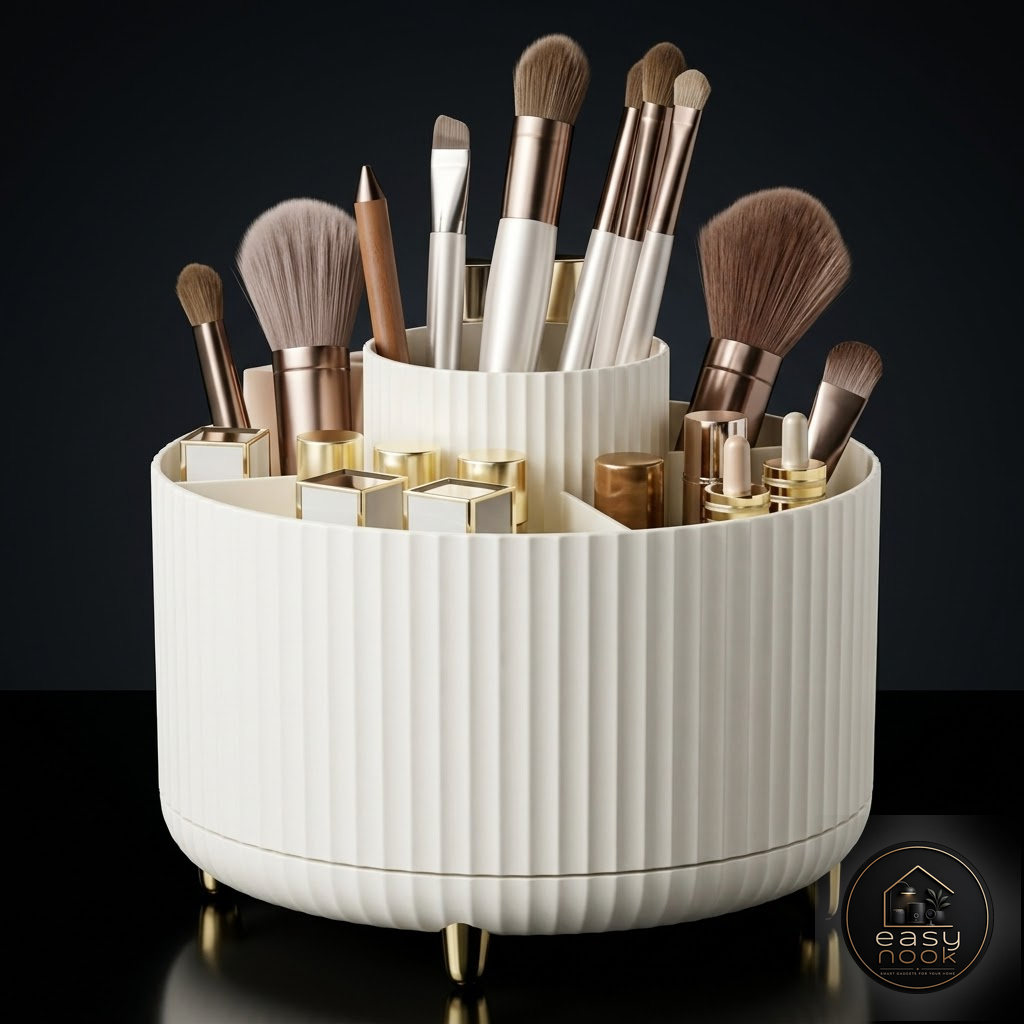 Rotating makeup organizer filled with brushes and skincare bottles