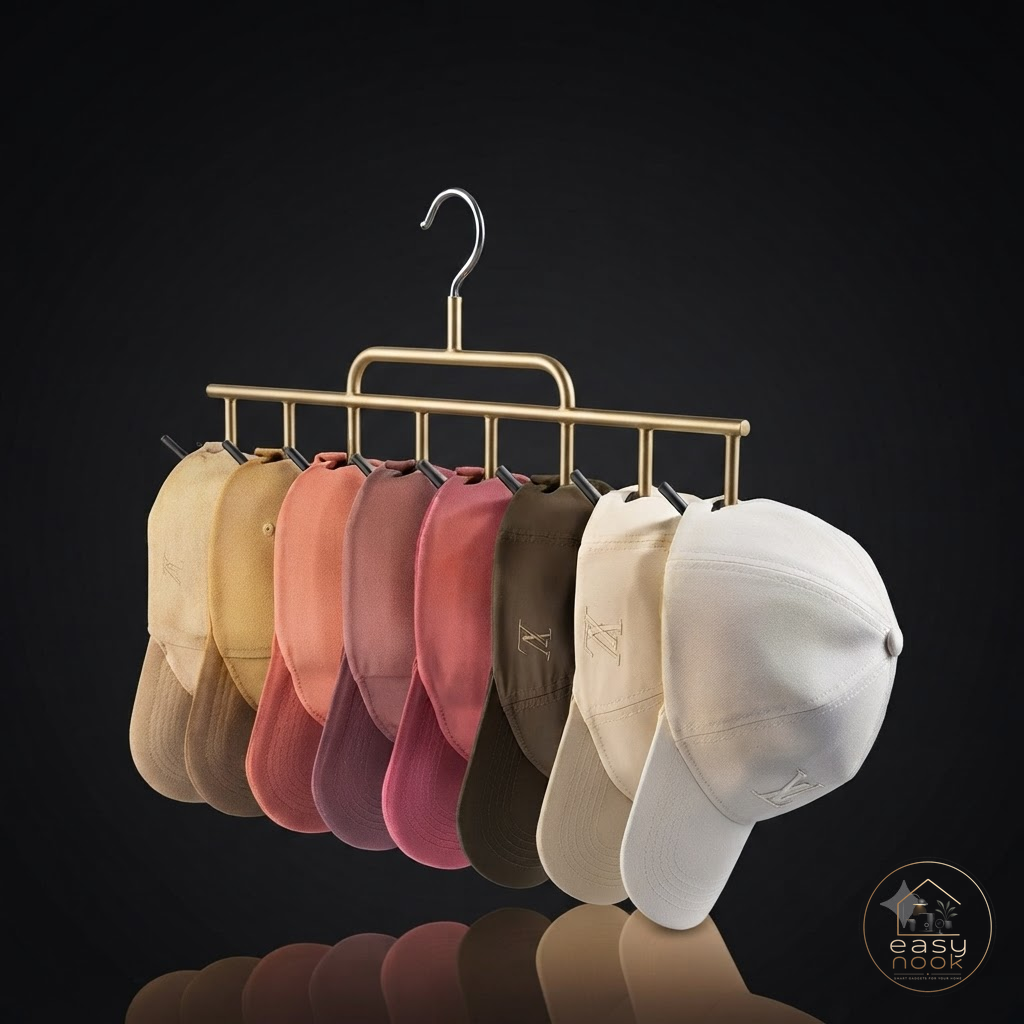 Space-saving hat organizer rack holding baseball caps