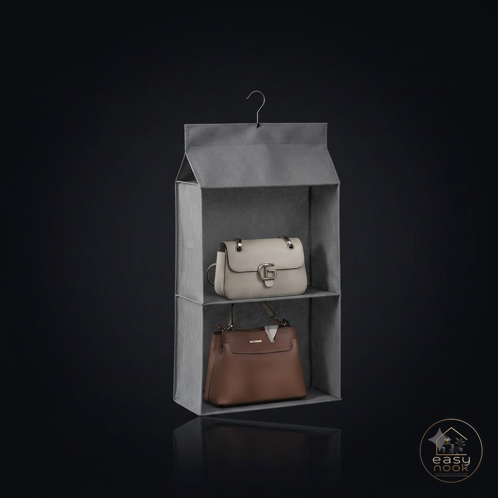 Hanging handbag organizer with multiple tiers in a closet