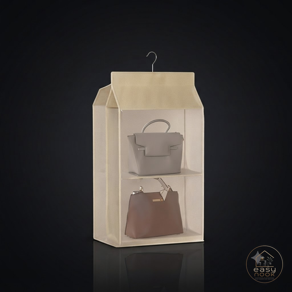 Hanging handbag organizer with multiple tiers in a closet