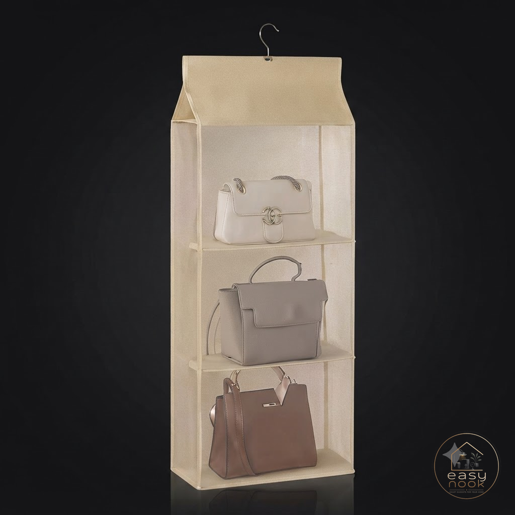 Hanging handbag organizer with multiple tiers in a closet