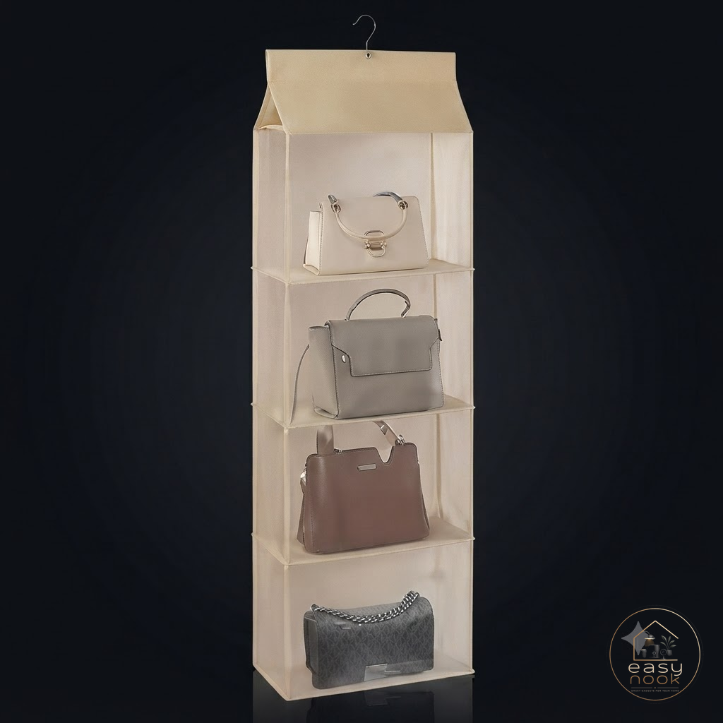 Hanging handbag organizer with multiple tiers in a closet