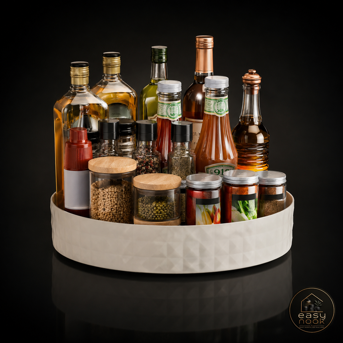 360 degree rotating countertop organizer with spice bottles
