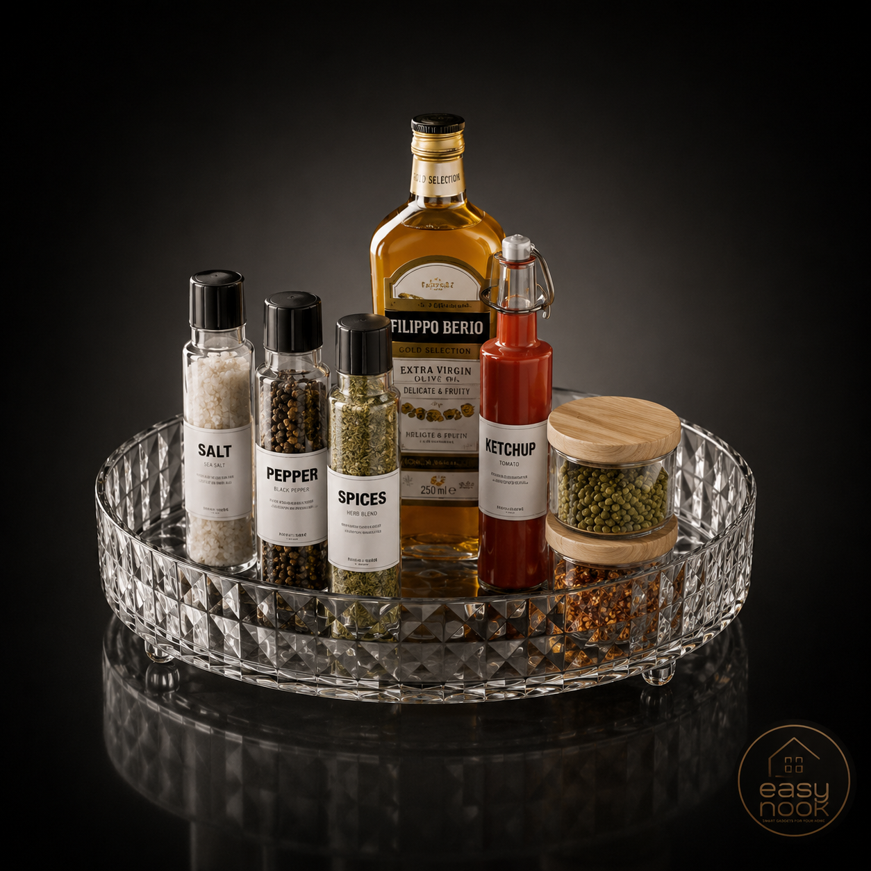360 Degree Rotating Kitchen Countertop Organizer, Spice Rack for Cabinet Soy Sauce Bottle Storage, Fruit Plate Tray Desktop
