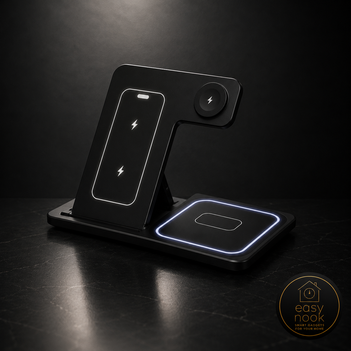 3-in-1 foldable wireless charging station with phone, watch, and earbuds