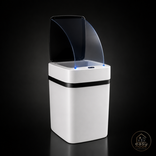 Smart touchless sensor trash can in a kitchen