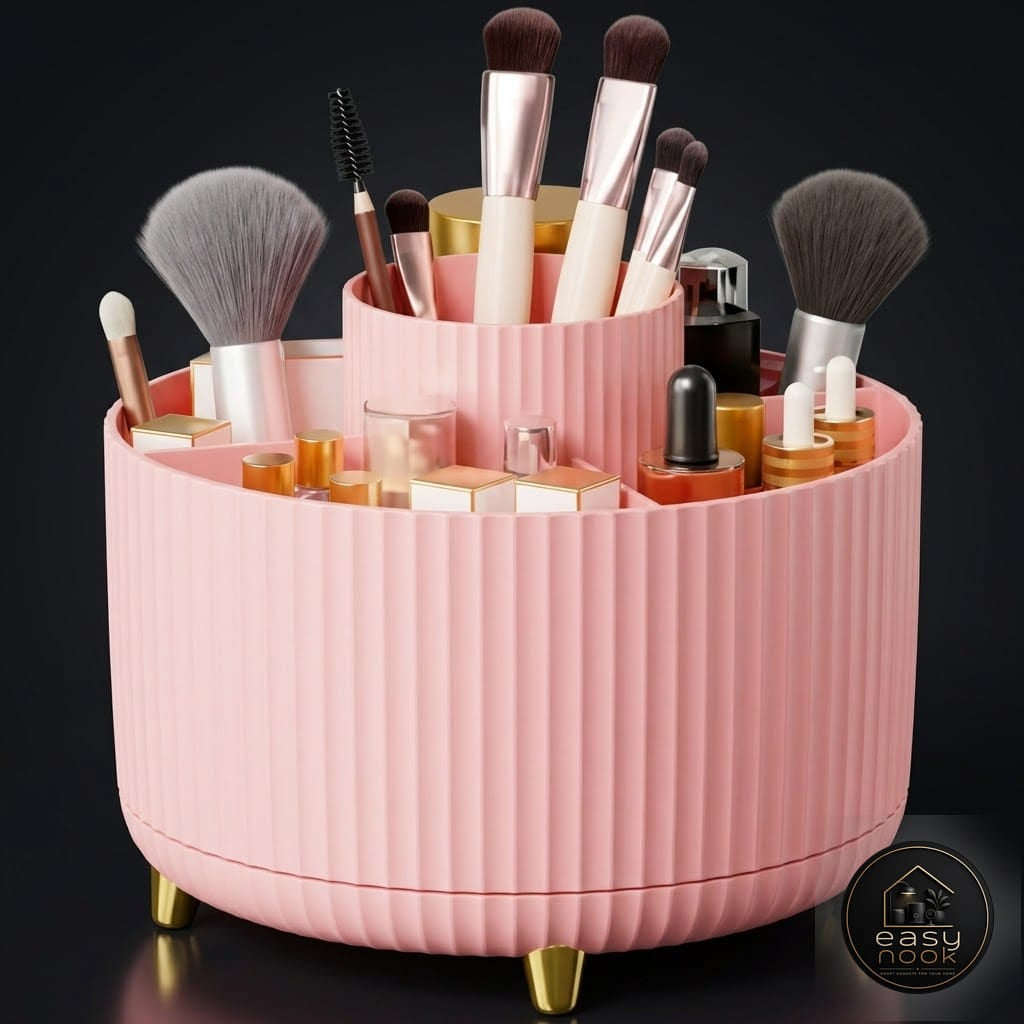 Makeup organizer on a bathroom counter holding daily beauty essentials