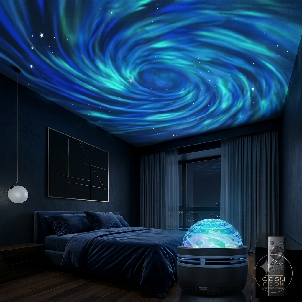Galaxy aurora projector casting blue and green light waves on bedroom ceiling