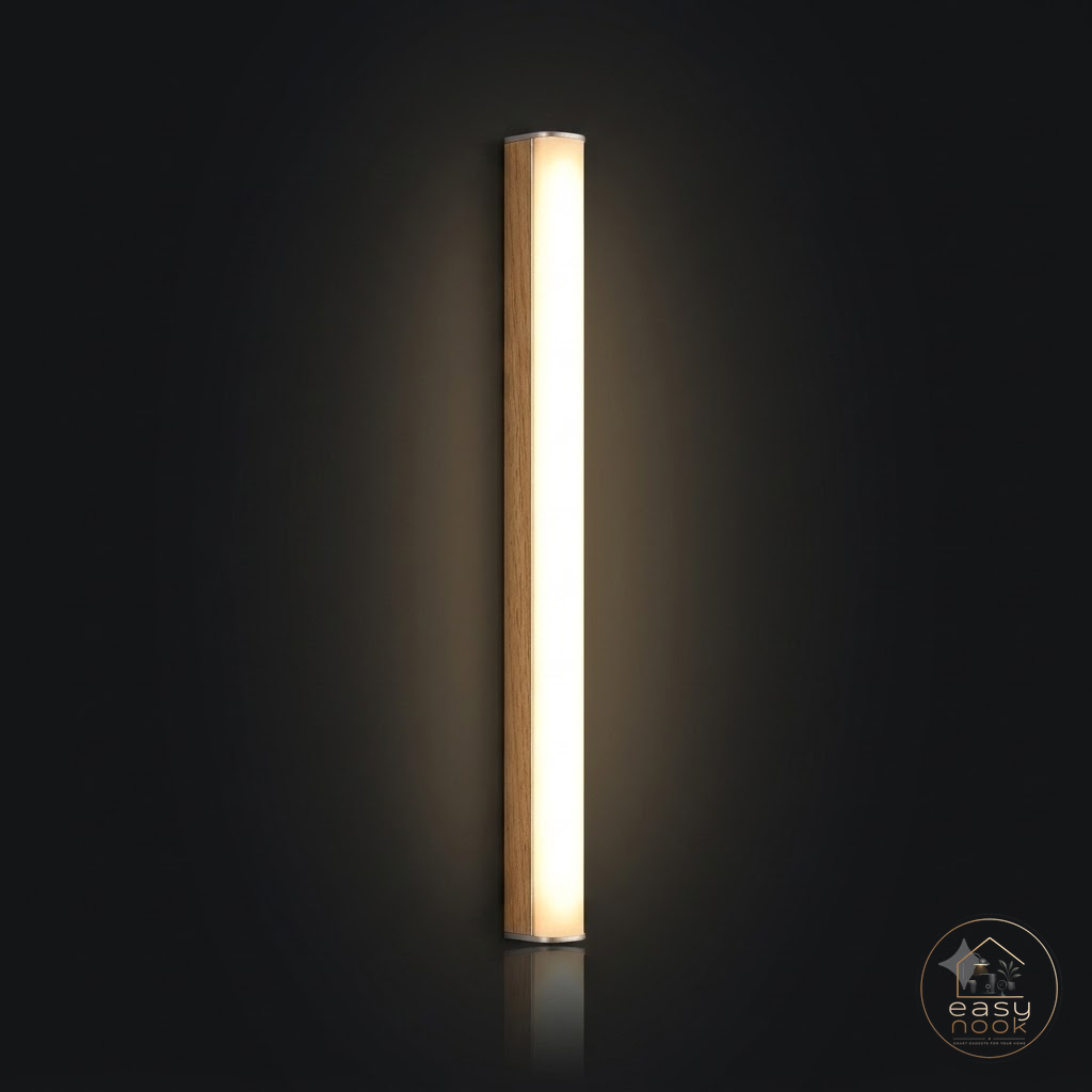 Close-up of wood-finish LED night light bar glowing warm white
