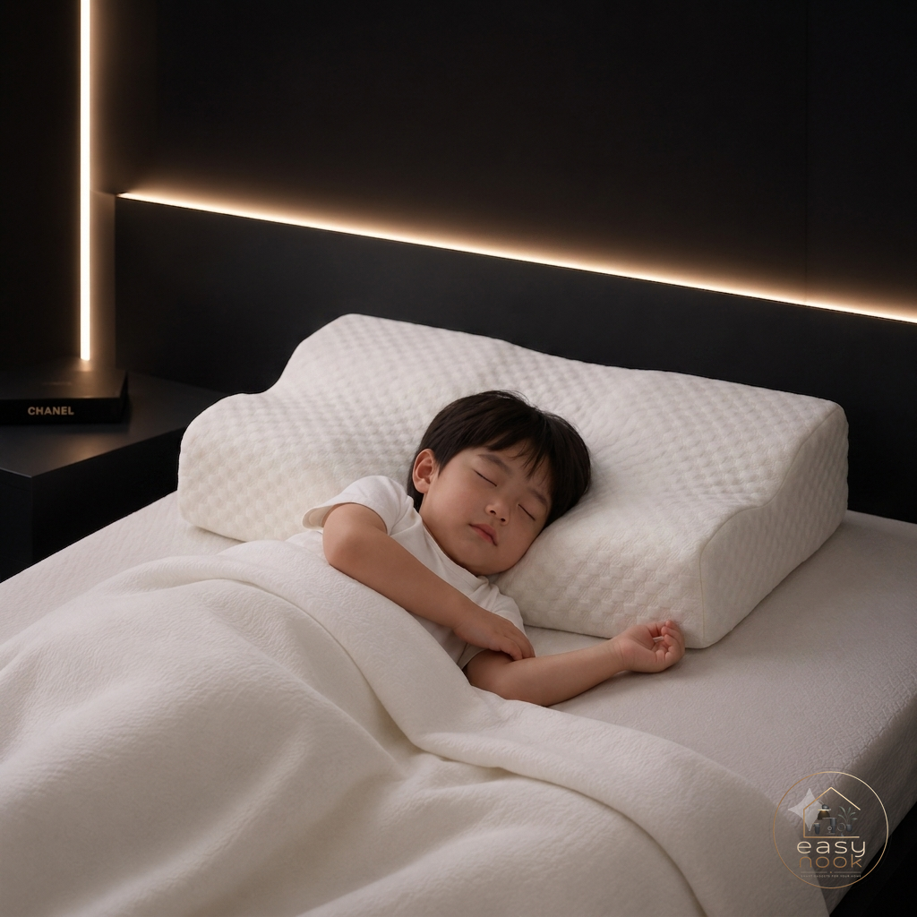 Child sleeping comfortably on orthopedic memory foam pillow