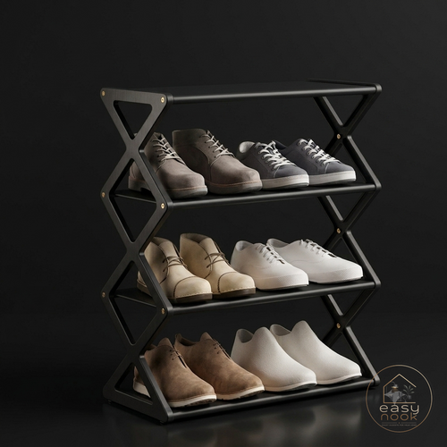 4-tier black X-frame shoe rack holding sneakers and boots in an entryway