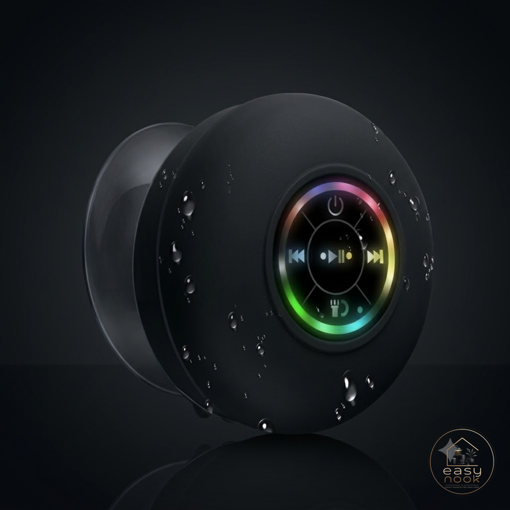 Black waterproof shower Bluetooth speaker with water droplets