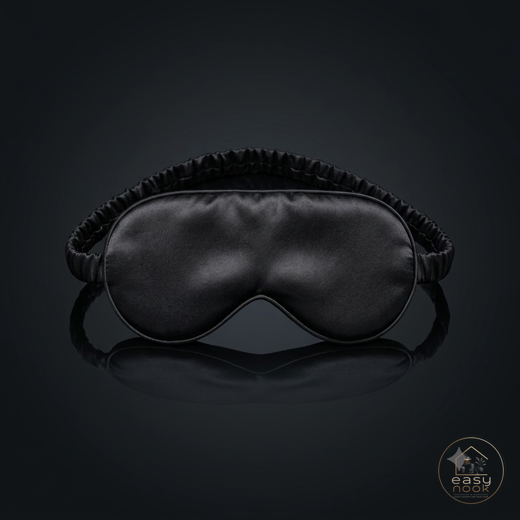 Black 3D contoured sleep mask on dark background