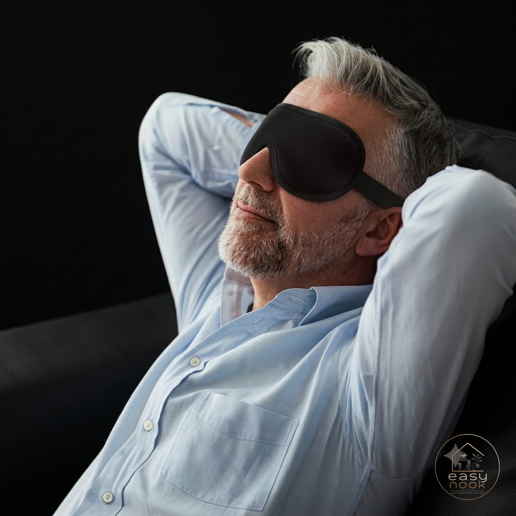 Man wearing black contoured sleep mask while relaxing
