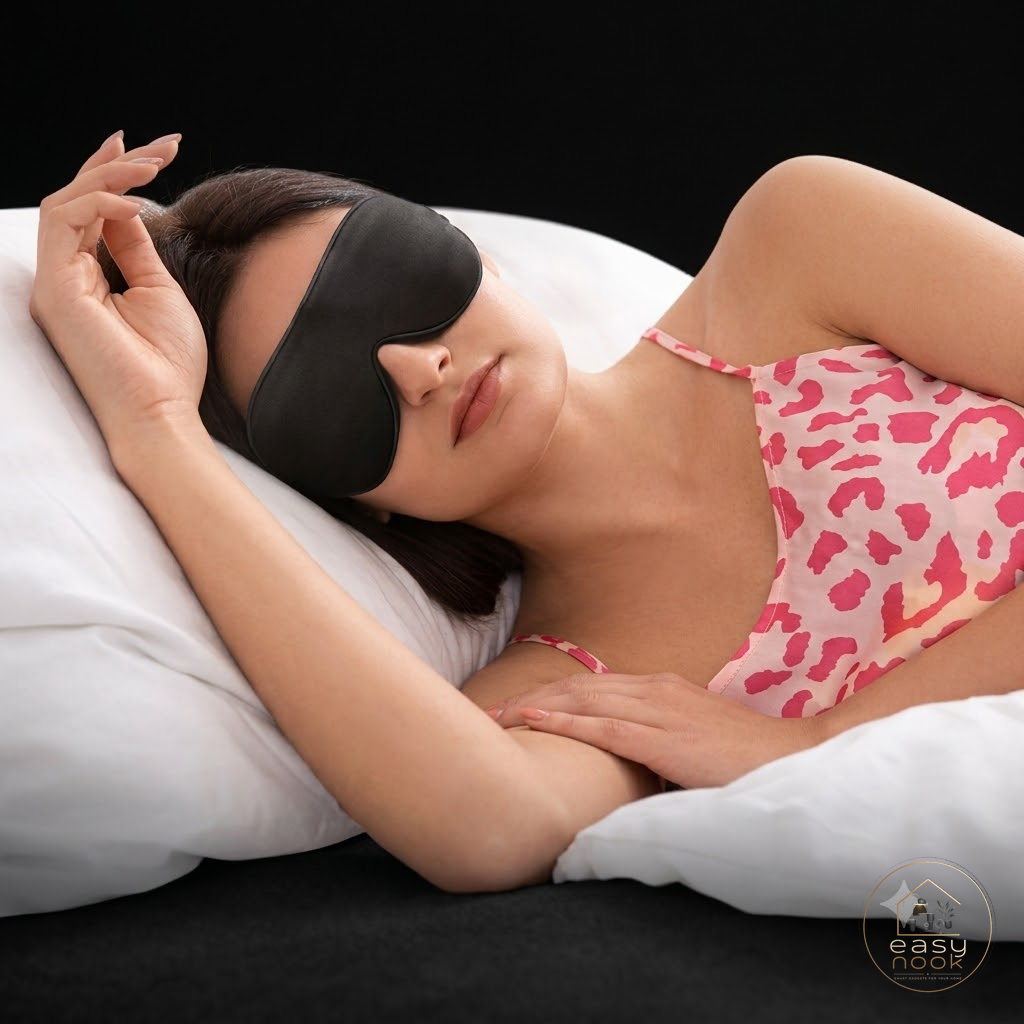 Woman sleeping comfortably in bed wearing contoured sleep mask